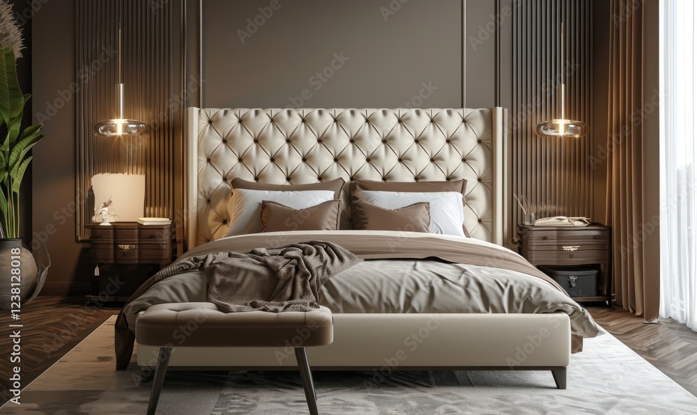 Modern bedroom with a tufted headboard bed and matching bench with hanging lamp on textured elegant brown wall background