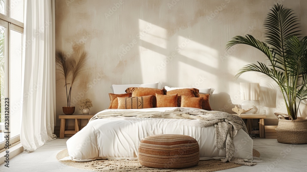 Bohemian bedroom featuring a white bed with brown leather pillows near palm plant and pouf seat above woven rug