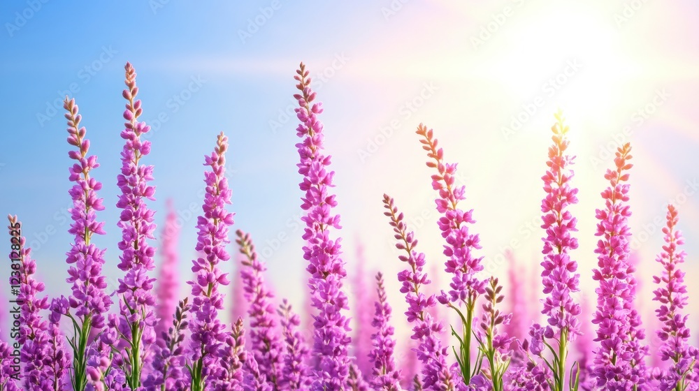 Naklejka premium Bright and Vibrant Purple Flowers Under a Clear Blue Sky with Sunlight Illuminating the Blooming Field in Spring Season