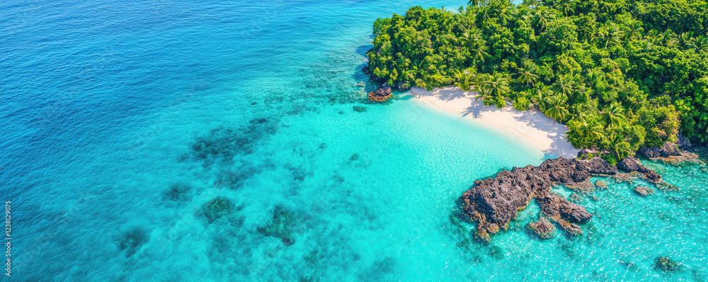 Fototapeta premium Aerial landscapes nature concept. Aerial view of a tropical paradise showcasing turquoise waters and lush green foliage.