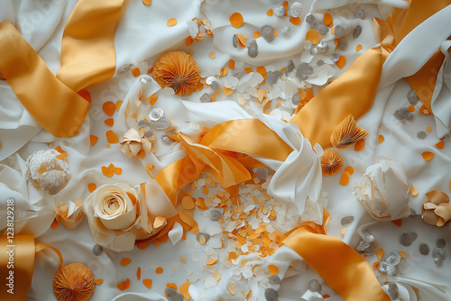 A white background with gold and silver decorations and a yellow ribbon