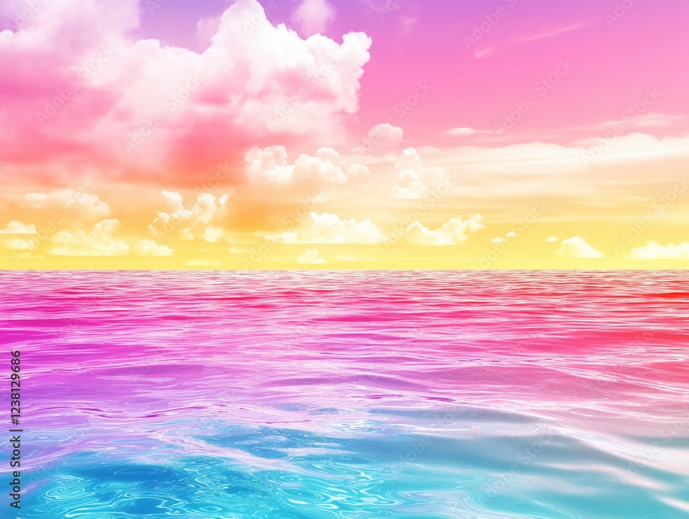 A surreal seascape with a vibrant gradient of pink, orange, and blue hues reflecting on the water surface, under a dreamy sky with fluffy clouds A surreal seascape with a vibrant gradient of pink, orange, and blue hues reflecting on the water surface, under a dreamy sky with fluffy clouds
