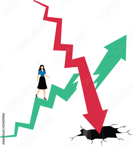 Crash, lagging or recessionary economic or business development, inflation, economic deflation, falling red arrows shattering rising arrows