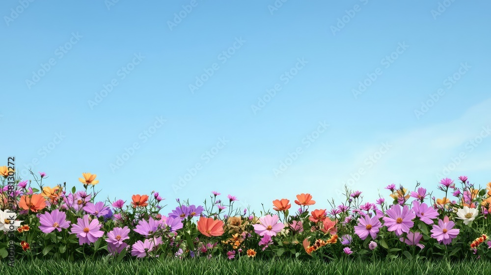 Garden blooms nature concept. Vibrant flower field under a clear blue sky, an enchanting nature backdrop. Garden blooms nature concept. Vibrant flower field under a clear blue sky, an enchanting nature backdrop.