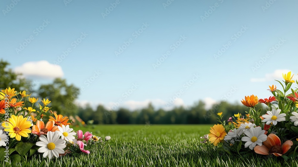 Obraz premium Garden blooms nature concept. A vibrant field with colorful flowers and lush green grass under a clear blue sky.