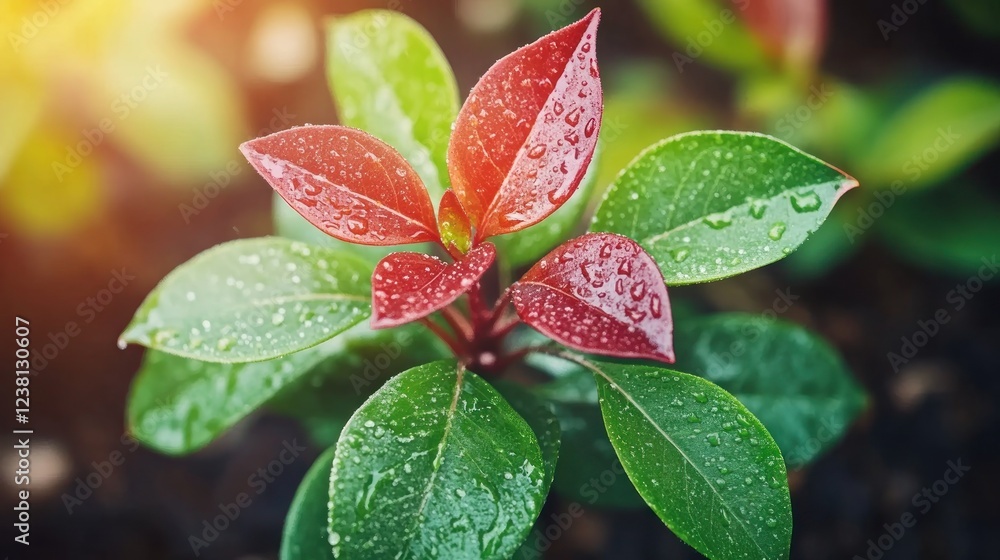 Fresh green plant with vibrant red leaves and morning dew droplets in a sunlit garden setting Fresh green plant with vibrant red leaves and morning dew droplets in a sunlit garden setting