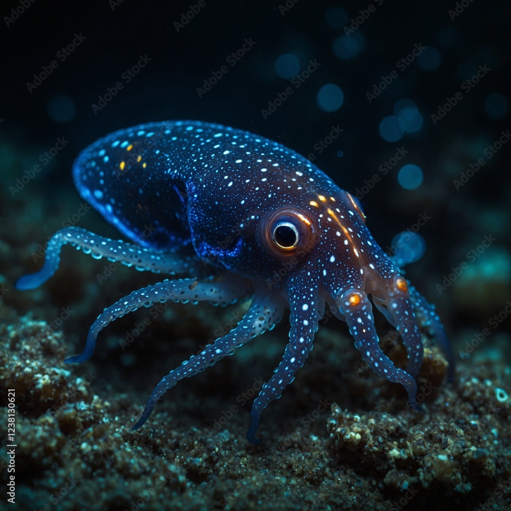 A detailed macro shot of a Firefly Squid, its body shimmering with blue light in the dark ocean depths. A detailed macro shot of a Firefly Squid, its body shimmering with blue light in the dark ocean depths.