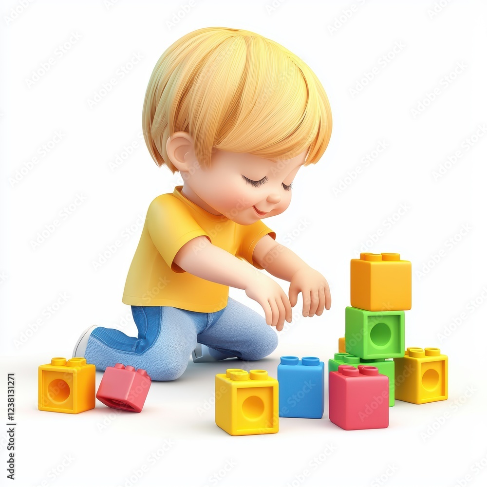 Young child playing with colorful building blocks, isolated on a clean white background Young child playing with colorful building blocks, isolated on a clean white background