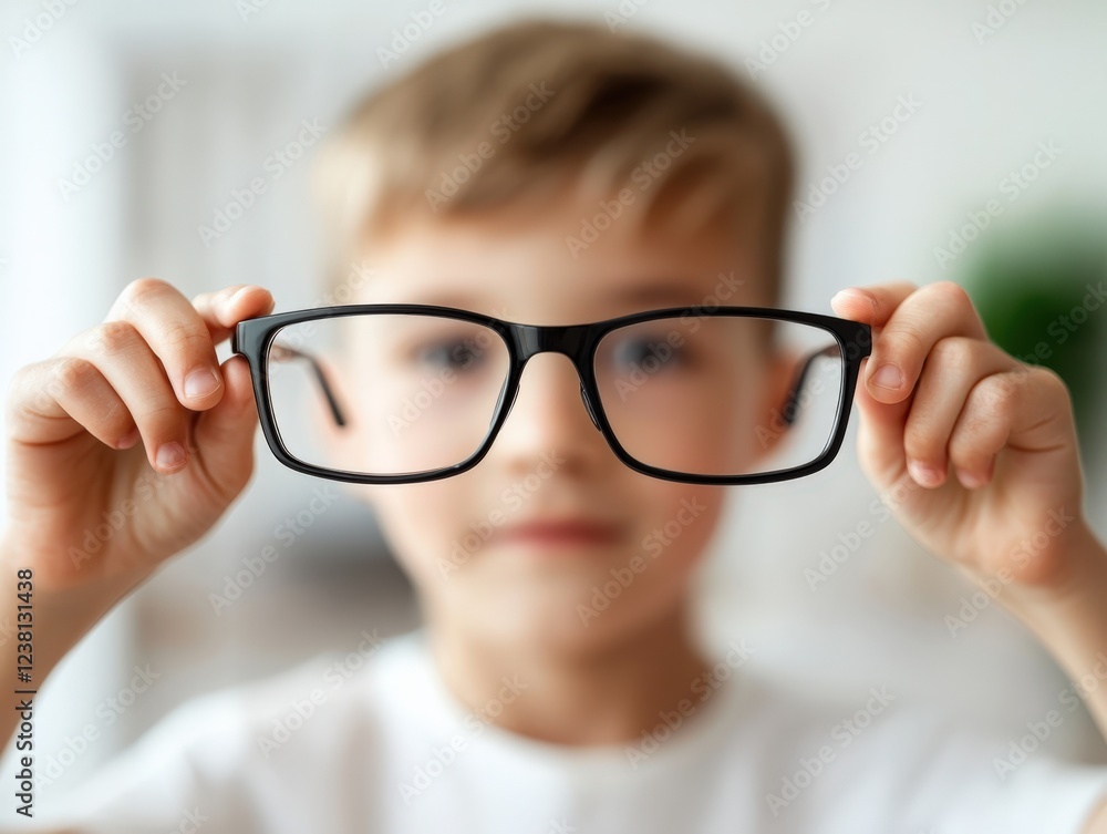 Cute Boy Holding Glasses, Happy and Curious Expression at Home Cute Boy Holding Glasses, Happy and Curious Expression at Home