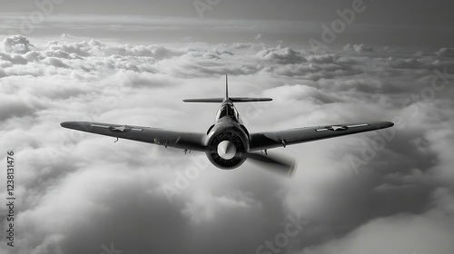 Vista superior de un F4U Corsair en vuelo, mostrando su envergadura y el caracterÃ­stico diseÃ±o de sus alas dobladas sobre un fondo de nubes blancas