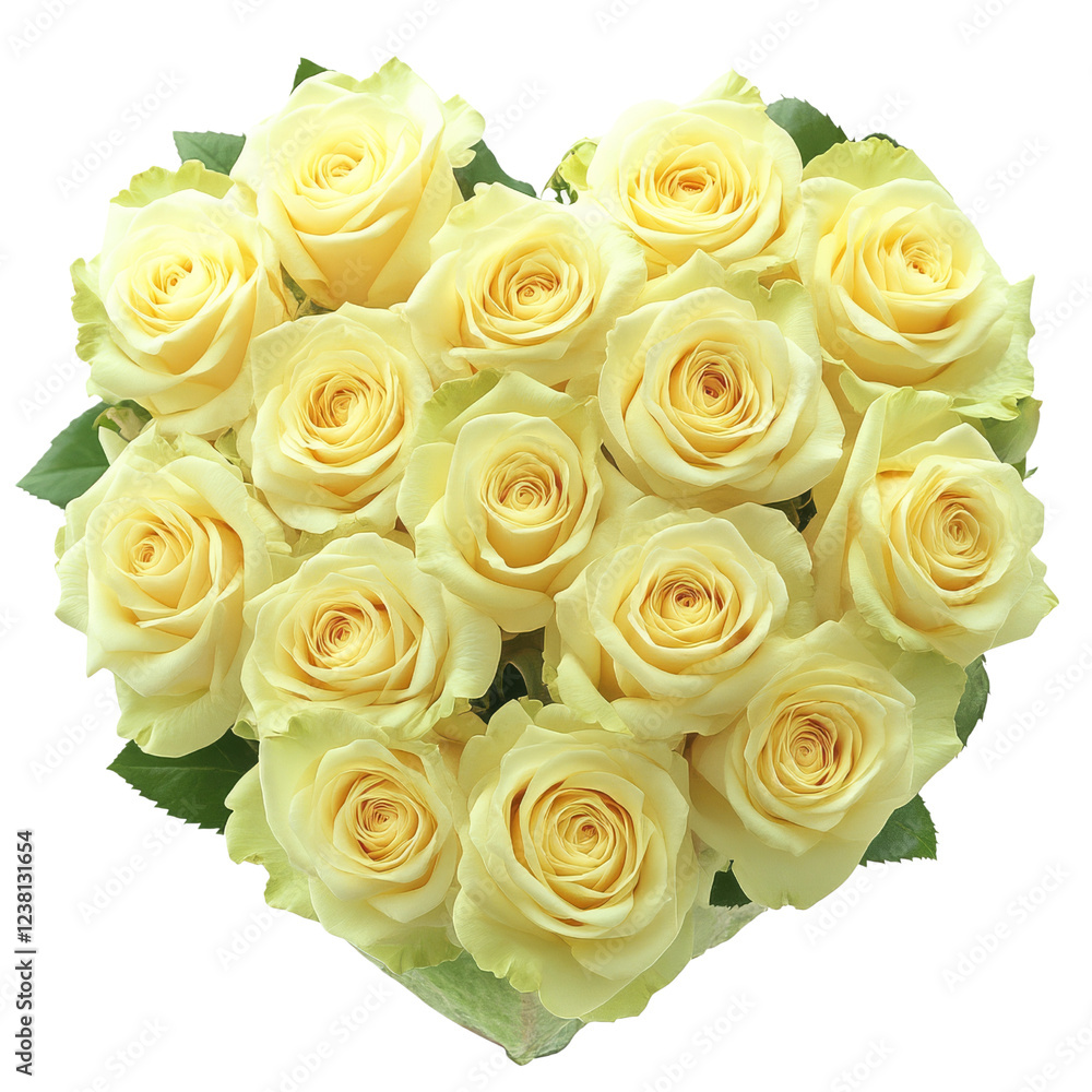 Fototapeta premium A heart-shaped arrangement of soft yellow roses, symbolizing love and affection.