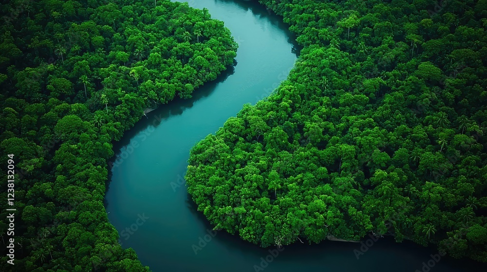 Aerial landscapes nature concept. Aerial view of a river winding through lush greenery in a serene, natural landscape. Aerial landscapes nature concept. Aerial view of a river winding through lush greenery in a serene, natural landscape.