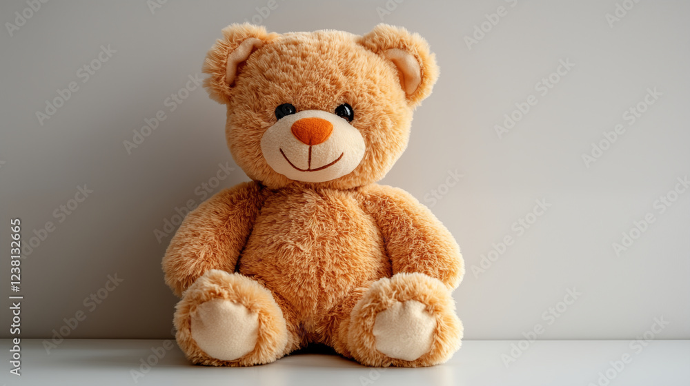 Fototapeta premium Smiling teddy bear sitting against white background, perfect for childhood memories and comfort concept