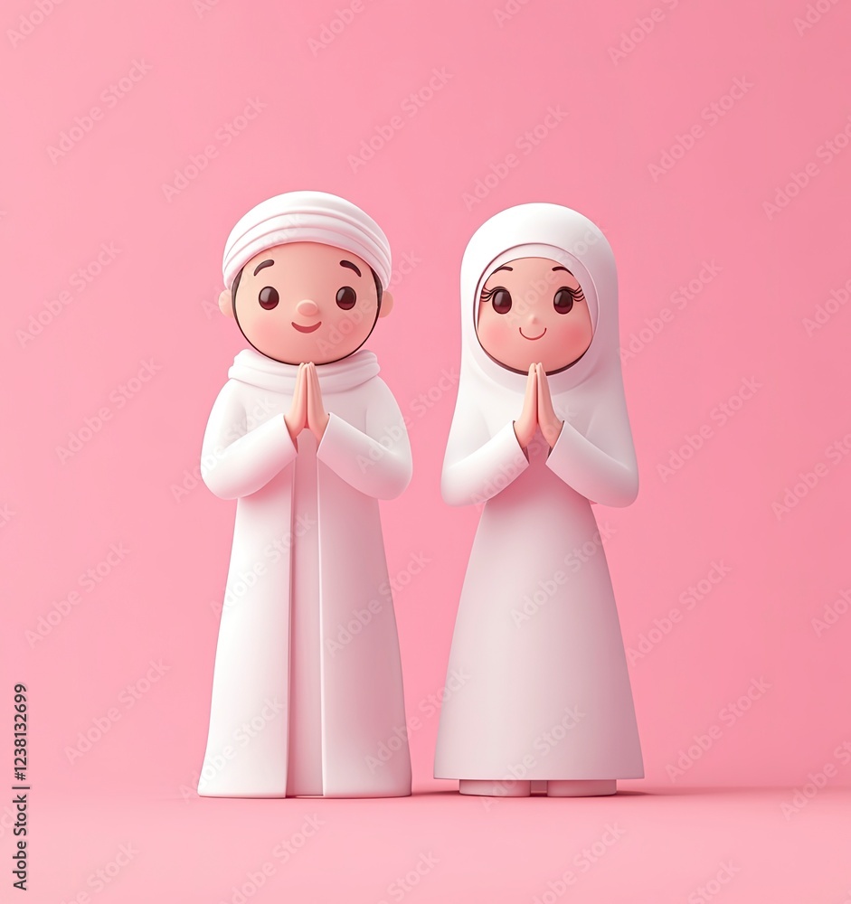 3D vector illustration of a happy Muslim couple standing in front of an empty podium, a Ramadan Islamic concept background 3D vector illustration of a happy Muslim couple standing in front of an empty podium, a Ramadan Islamic concept background