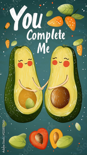 Two avocados holding hands on a blue background