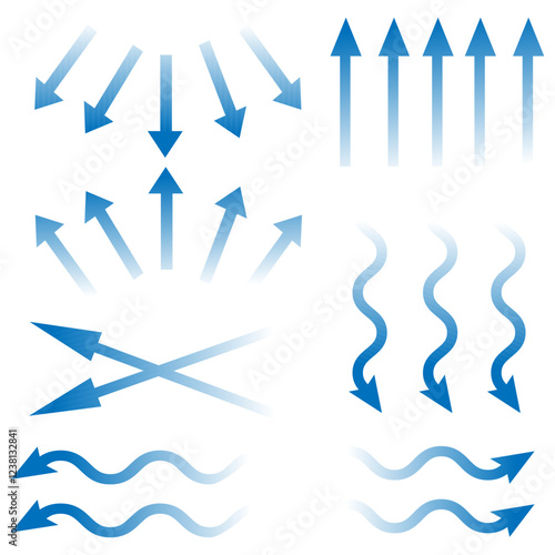 Air flow. Set of blue arrows showing direction of air movement sings. air and Wind direction arrows. Blue cold fresh stream from the conditioner. Vector illustration isolated on white background.eps10