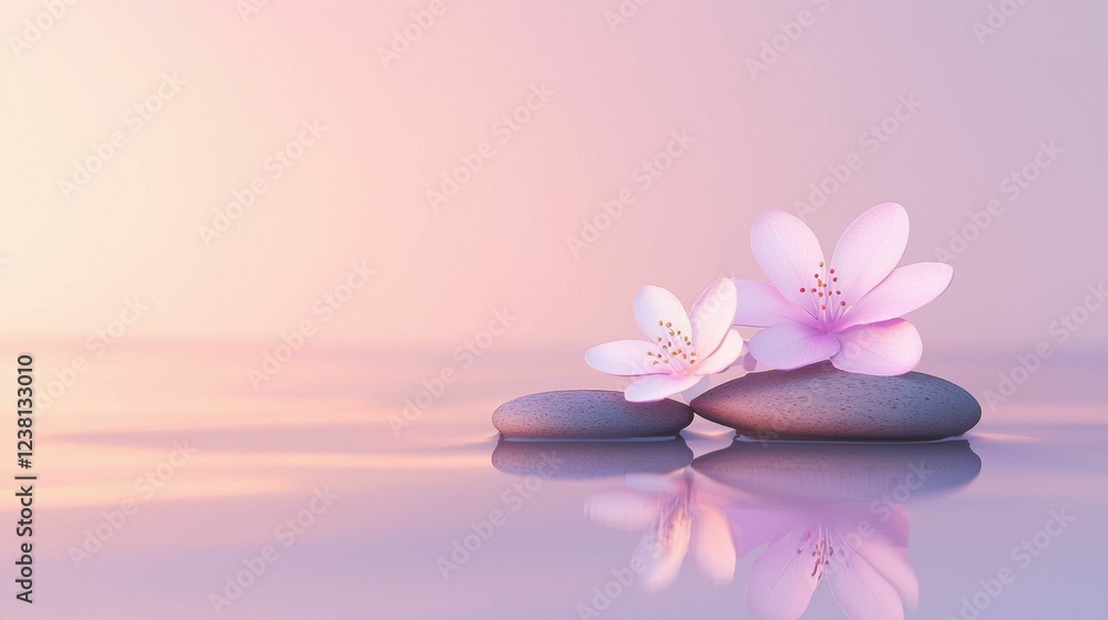 Serene Pink Flowers and Smooth Stones on Calm Water Surface Serene Pink Flowers and Smooth Stones on Calm Water Surface