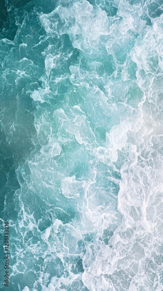 Fototapeta premium Turquoise Ocean Waves with White Foamy Texture from Above Viewpoint