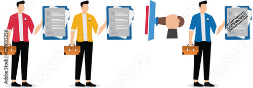 Waiting for documents to be approved, political vetting, bureaucracy, certification or approval, big hands with stamps for documents held by businessmen in the queue