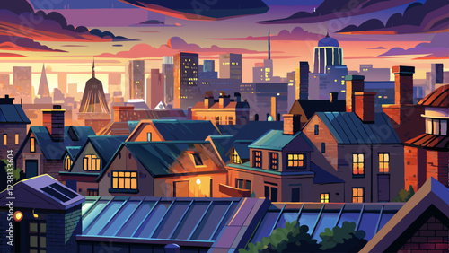 Rainy dusk over London skyline, seen from suburban rooftops, ideal for travel or cityscapes.