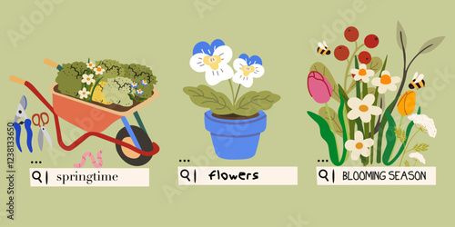 Hello Spring banner. Blooming flowers. Farming, agriculture, plants concept for banner, website design or landing web page. Collection of spring colorful flower elements