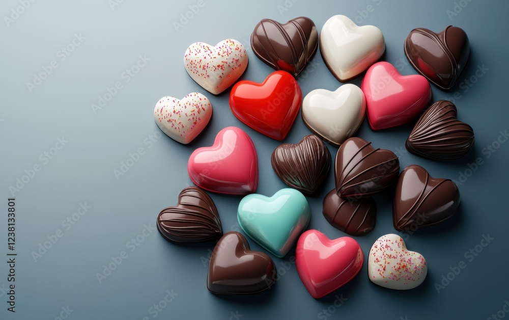 Fototapeta premium n assortment of colorful heart-shaped candies and chocolates, artistically arranged on a sophisticated slate-gray-to-powder-blue gradient background. Valentines Day and 8 March theme