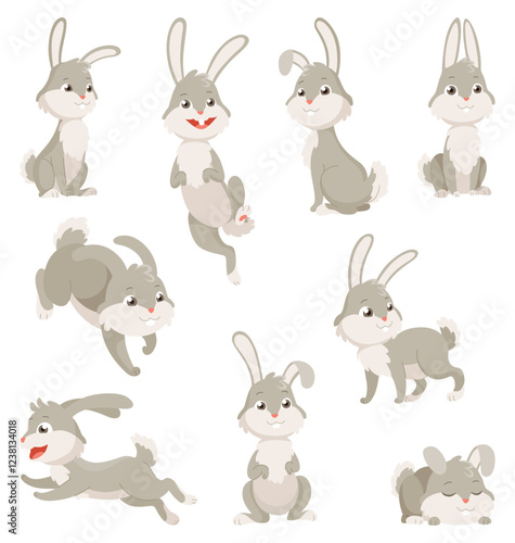 Cartoon rabbits collection. Bunny pets silhouette in different poses. Set of cute animal isolated icons. Vector rabbits character illustration