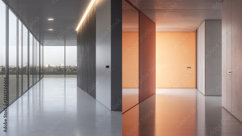 Modern Minimalist Office Corridor with City View and Warm Color Accents