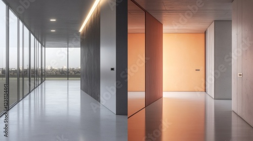 Obraz na płótnie Modern Minimalist Office Corridor with City View and Warm Color Accents w salonie
