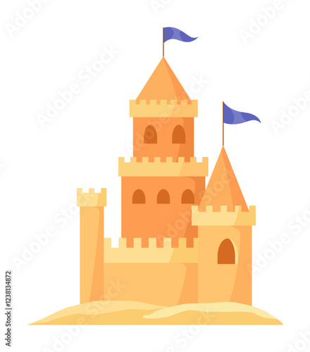 Sand castle. Kids fortress constructions. Sandy stronghold with wall and tower. Summer beach games to build sandy palaces or citadel. Vector cartoon illustration of beach sculptures
