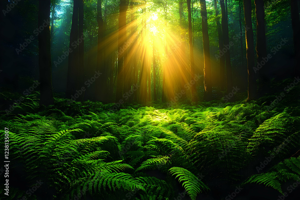 Obraz premium Sunbeams Illuminating Lush Fern Forest: A Magical Scene