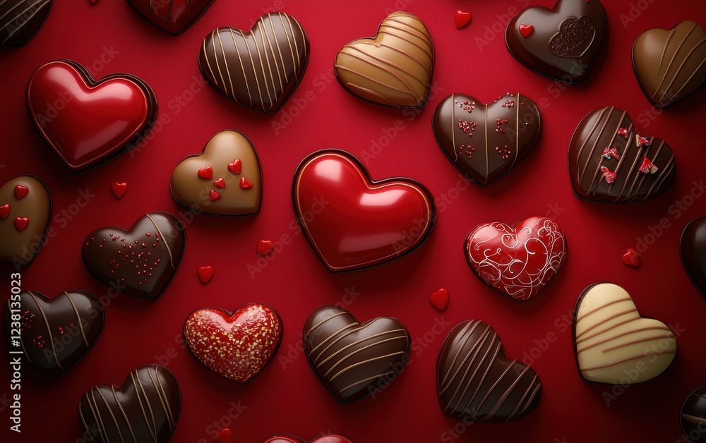 Obraz premium n assortment of colorful heart-shaped candies and chocolates, artistically arranged on a deep ruby-red-to-crimson gradient background. Valentines Day and 8 March theme