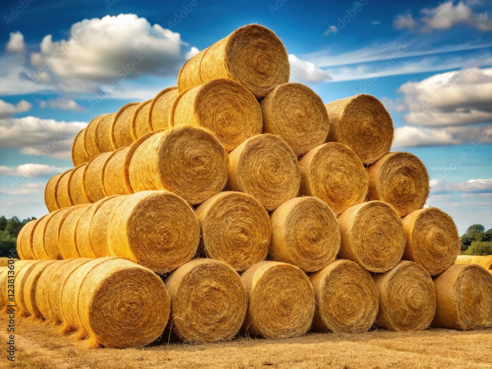 Aerial View of Neatly Stacked Hay Bales in a Sun-Drenched Field Aerial View of Neatly Stacked Hay Bales in a Sun-Drenched Field
