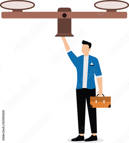 Fair and equitable norms and ethics, moral or legal constraints, the businessman lifts a major balance scale