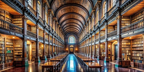 Ancient Library Bookshelves,  Illuminated Manuscripts,  Historical Research,  Trinity College Dublin Style Architecture,  Old Books Stacked