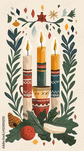A painting of three candles and two cups with leaves around them