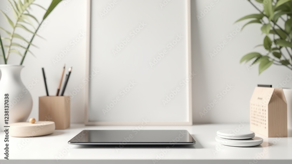 Tablet Mockup with Accessories, Tablet with wireless charger and calendar in Scandinavian office. Tablet Mockup with Accessories, Tablet with wireless charger and calendar in Scandinavian office.