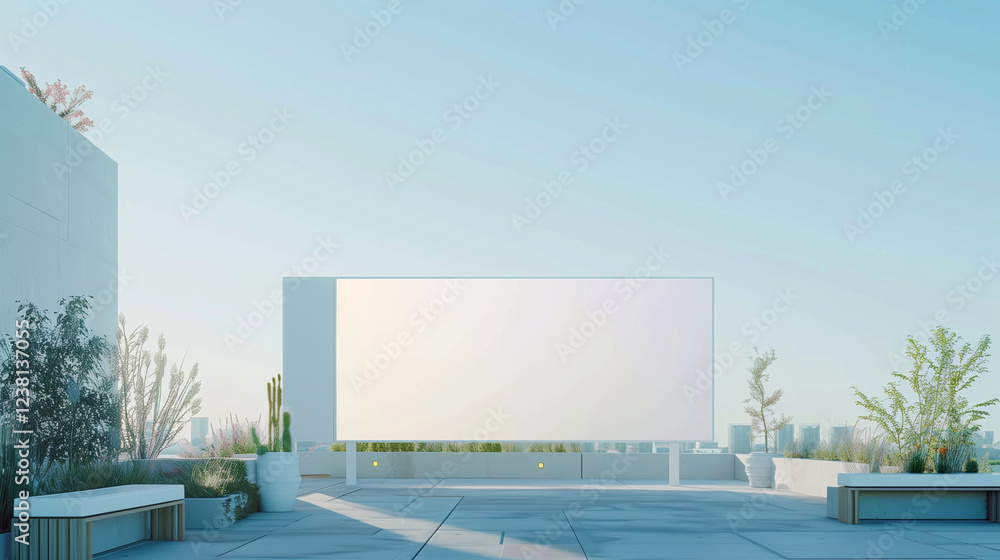 A blank advertising billboard in a minimalist urban setting, with a soft blue sky background, ready for branding or marketing use. A blank advertising billboard in a minimalist urban setting, with a soft blue sky background, ready for branding or marketing use.