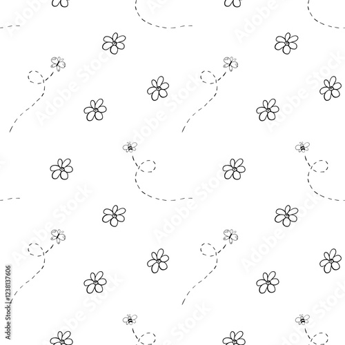 Seamless pattern of Doodle chamomile, bee and butterfly. Hand drawn simple illustration in monochrome black and white colors. Floral background with insect. Outline print for fabric, textile