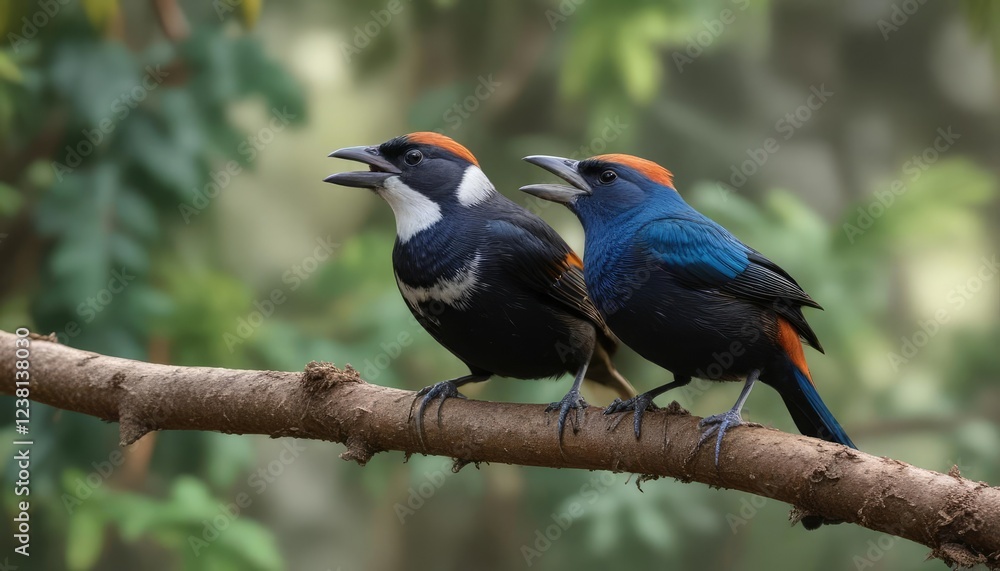 Pair of white shouldered tanagers feeding each other, mutual, bonding, mating Pair of white shouldered tanagers feeding each other, mutual, bonding, mating