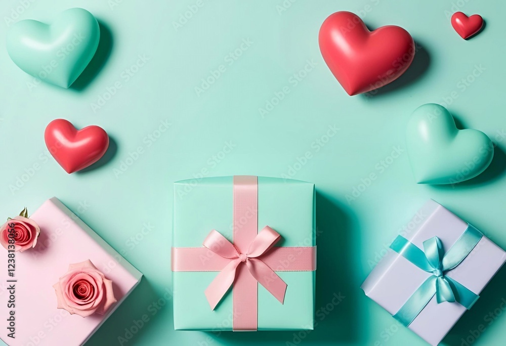 A gift box adorned with a red ribbon and heart shapes, symbolizing love and romance A gift box adorned with a red ribbon and heart shapes, symbolizing love and romance