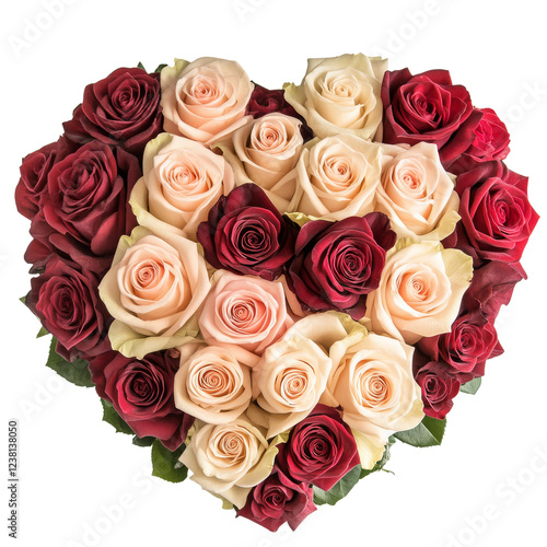 A heart-shaped arrangement of roses in varying shades of red and pink.