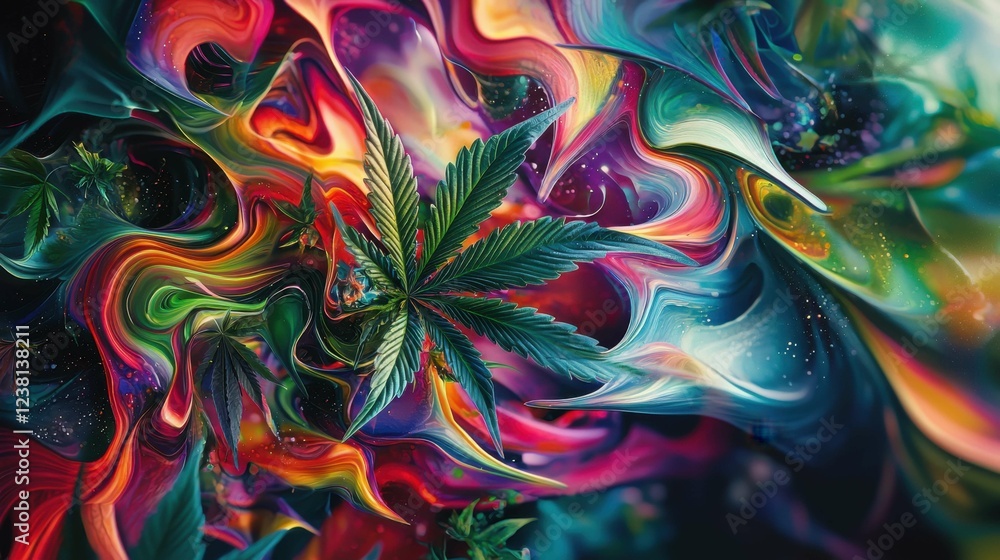 Obraz premium Colorful Abstract Background with Cannabis Leaf and Vibrant Swirls