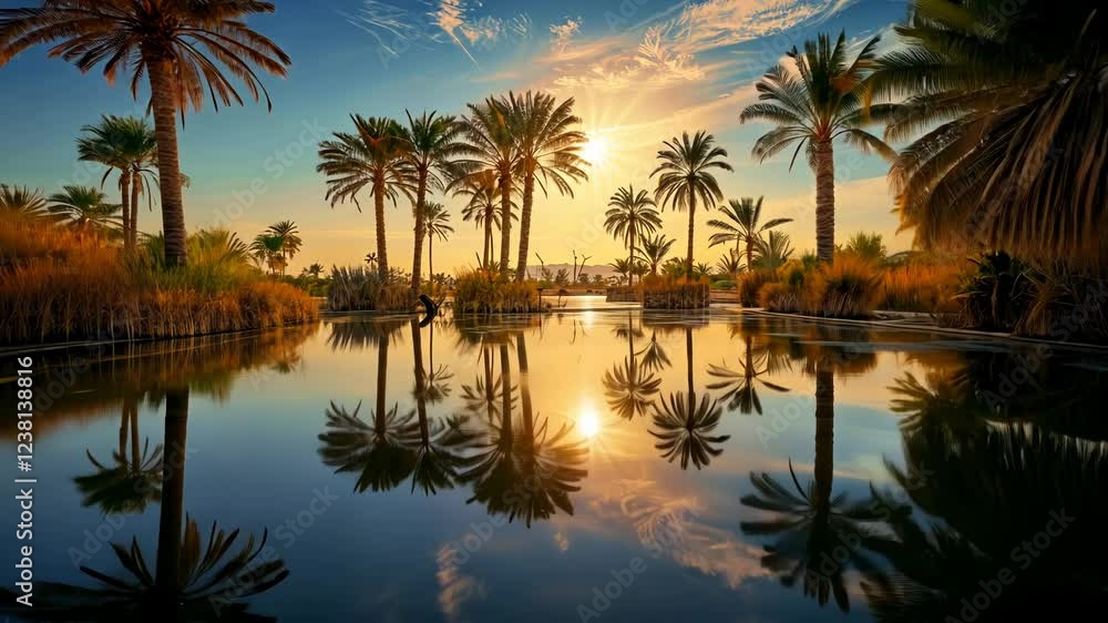 Illusive oasis with palms and shimmering water unfolds in the desert, a mirage by the blazing sun Illusive oasis with palms and shimmering water unfolds in the desert, a mirage by the blazing sun