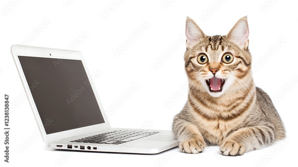 Excited Cat Sitting Next to a Laptop with an Enthusiastic Expression Ready for Fun Excited Cat Sitting Next to a Laptop with an Enthusiastic Expression Ready for Fun
