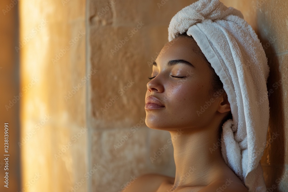 Fototapeta premium With her hair wrapped in a towel and leaning against a sauna wall, the woman relaxes in the warm, golden ambiance, embracing tranquility as steam rises gently around her
