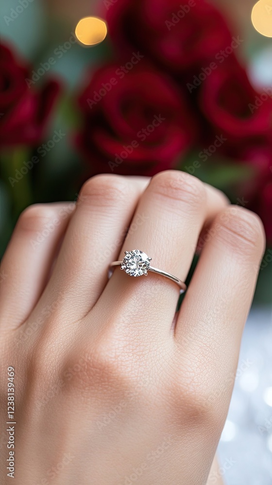 A woman's hand with a sparkling engagement ring is gently placed on vibrant red roses, showcasing elegance and love A woman's hand with a sparkling engagement ring is gently placed on vibrant red roses, showcasing elegance and love