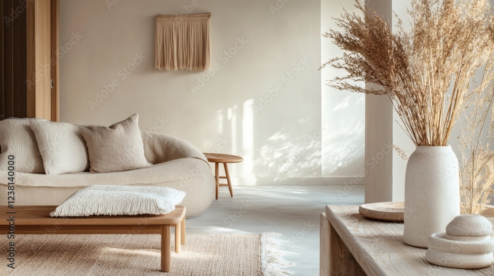 Serene Minimalist Living Room Interior with Neutral Tones and Natural Textures