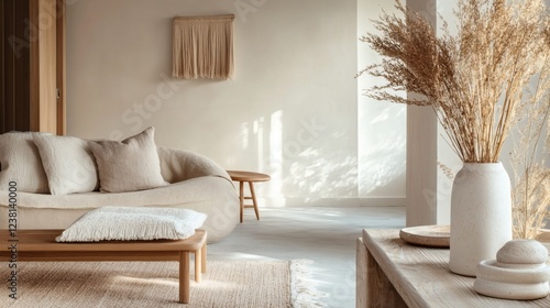 Obraz na płótnie Serene Minimalist Living Room Interior with Neutral Tones and Natural Textures w salonie