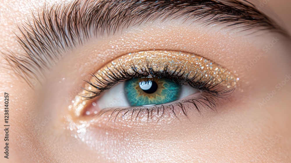 Obraz premium Close-up of a sparkling eye with golden makeup and vibrant teal iris.